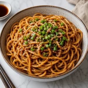 Hibachi noodles recipe in a speckled ceramic bowl with glossy noodles, chopped green onions, sesame seeds, chopsticks, and a small dish of sauce.