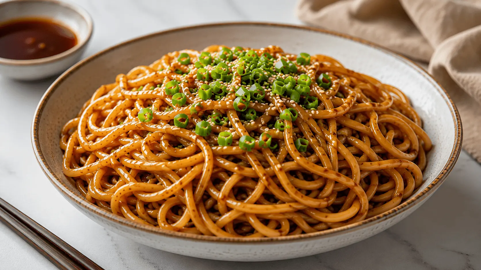 Hibachi noodles recipe served in a shallow ceramic bowl, topped with green onions and sesame seeds beside chopsticks and dipping sauce.