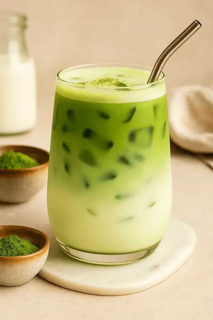 A creamy, layered iced matcha latte in a clear glass with a metal straw, surrounded by matcha powder and milk—perfect visual for an iced matcha latte recipe.