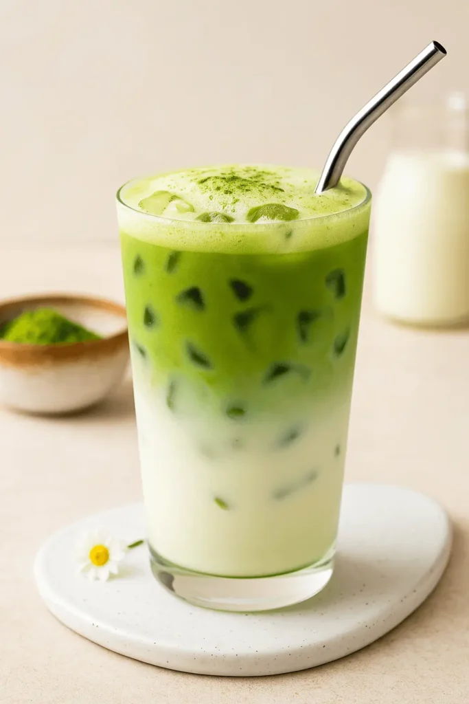 A tall glass of iced matcha latte showing rich green matcha layered over cold milk, served with a metal straw—an inviting example of an iced matcha latte recipe.