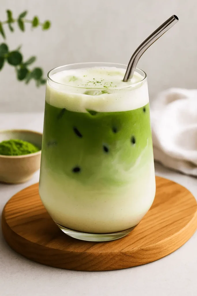 A chilled glass of iced matcha latte layered with milk and vibrant green tea, topped with foam and served with a metal straw—ideal visual for an iced matcha latte recipe.