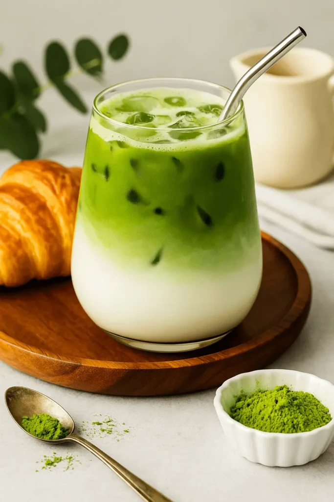 A cozy glass of iced matcha latte layered with cold milk and vibrant green matcha, styled with a croissant, matcha powder, and a spoon—perfect for illustrating an iced matcha latte recipe.