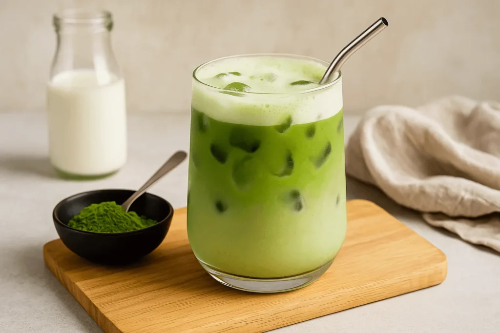A refreshing glass of iced matcha latte with a creamy layer and ice cubes, served with matcha powder and milk in the background — perfect for showcasing an iced matcha latte recipe.