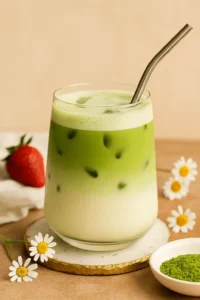 A glass of iced matcha latte with a metal straw, set on a stone coaster with matcha powder, chamomile flowers, and a fresh strawberry—styled for an iced matcha latte recipe.