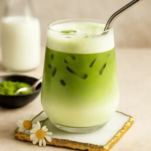 A glass of iced matcha latte with soft foam on top, placed on a marble coaster with chamomile flowers and matcha powder—highlighting an iced matcha latte recipe.
