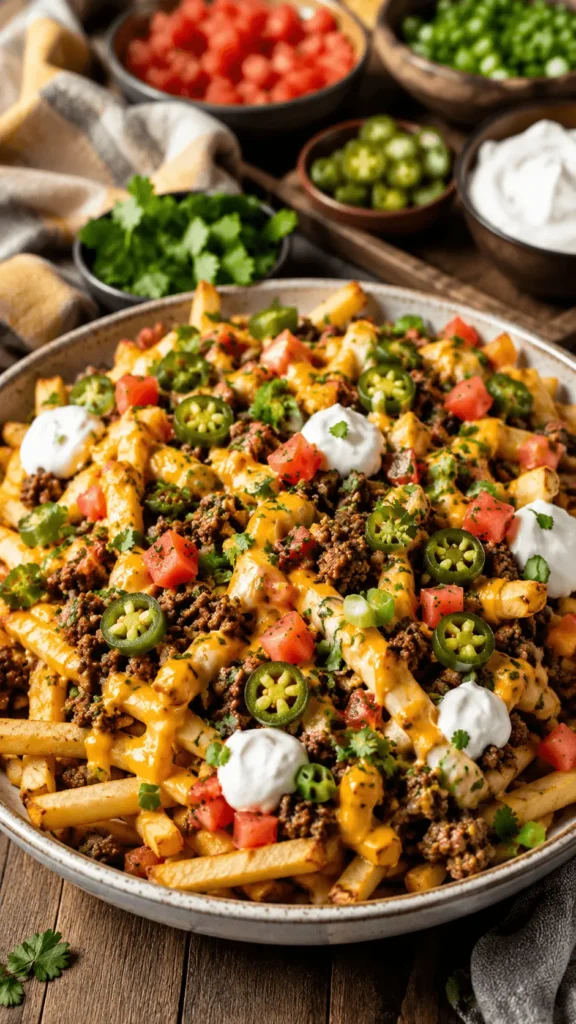 loaded fries recipe with crispy fries, seasoned ground beef, cheddar cheese sauce, diced tomatoes, jalapeños, green onions, sour cream, and cilantro.