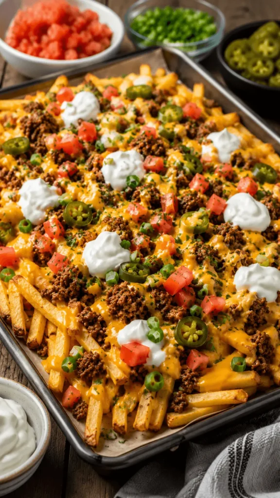 loaded fries recipe with crispy fries, seasoned ground beef, creamy cheddar sauce, diced tomatoes, jalapeños, green onions, sour cream, and fresh herbs.