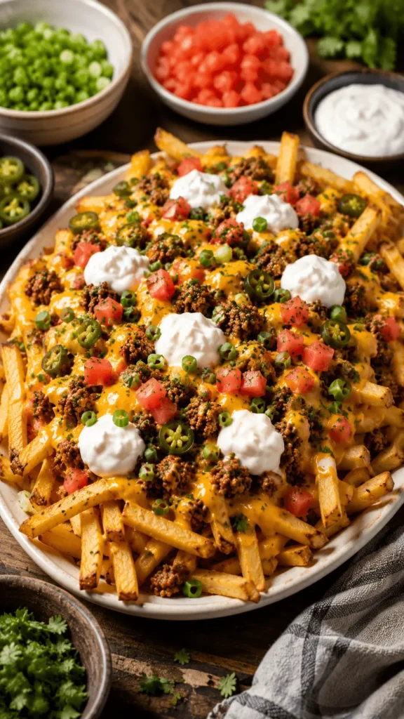 loaded fries recipe with crispy golden fries, seasoned ground beef, cheddar cheese sauce, diced tomatoes, jalapeños, green onions, sour cream, and fresh herbs.