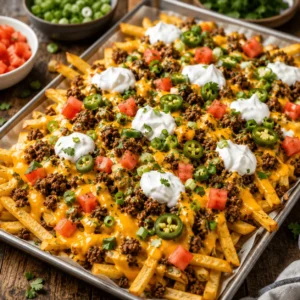 loaded fries recipe with crispy golden fries, seasoned ground beef, cheddar cheese sauce, diced tomatoes, jalapeños, green onions, sour cream, and cilantro.