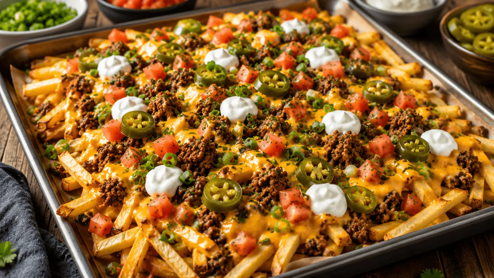loaded fries recipe with crispy fries, seasoned ground beef, creamy cheddar sauce, diced tomatoes, jalapeños, green onions, sour cream, and fresh herbs.