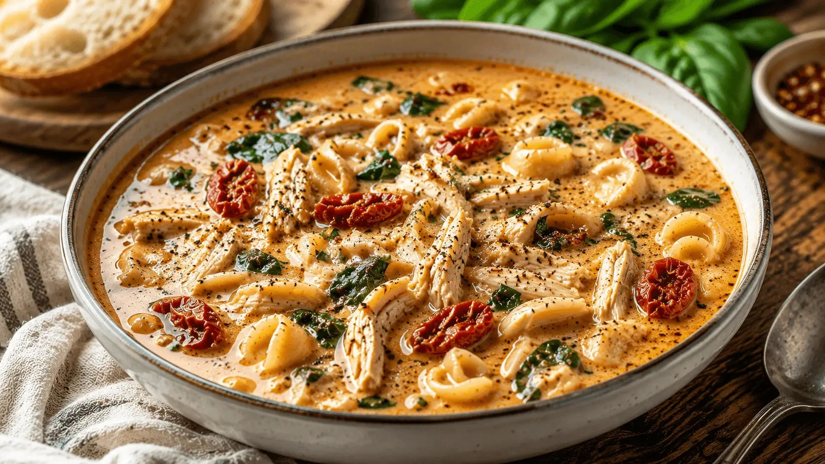 Creamy marry me chicken soup with tender chicken pasta shells sun dried tomatoes spinach and herbs