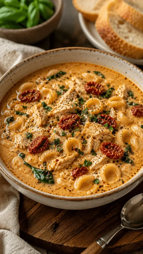 Bowl of creamy marry me chicken soup with tender chicken pasta shells spinach sun dried tomatoes and herbs