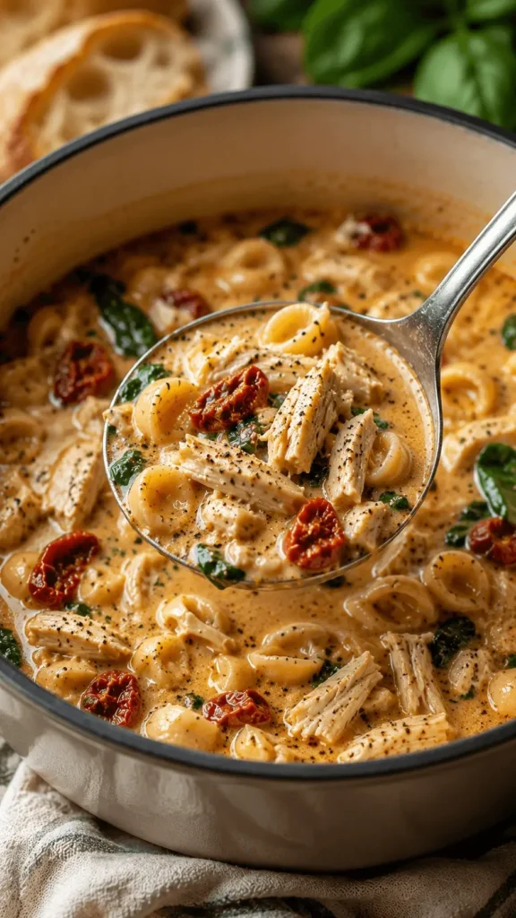 Ladle filled with creamy marry me chicken soup featuring tender chicken pasta shells spinach and sun dried tomatoes