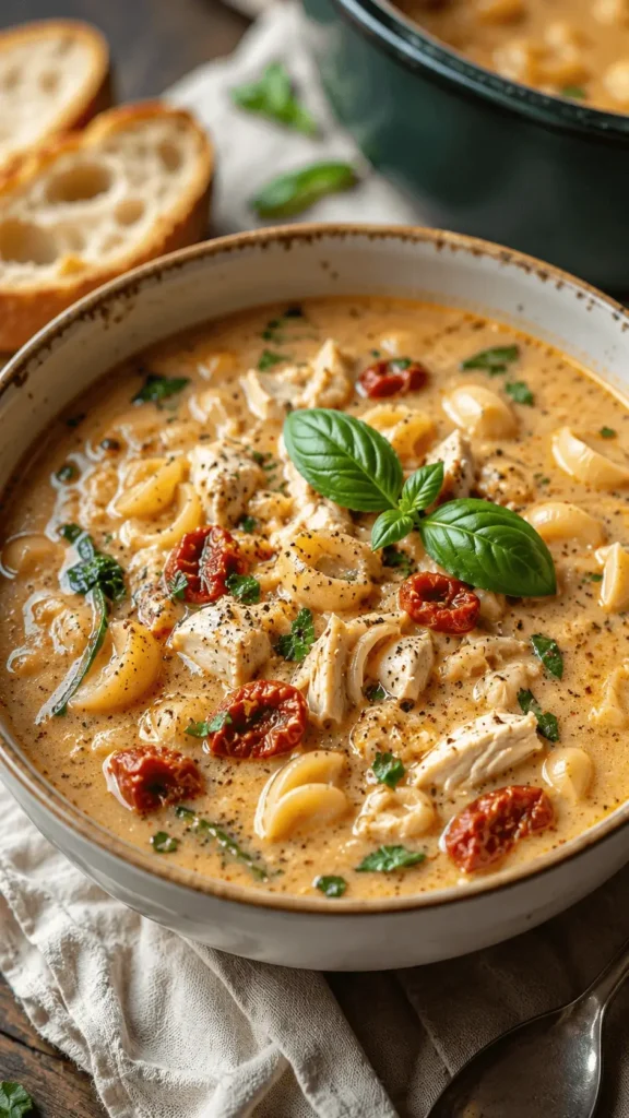 Creamy marry me chicken soup with tender chicken pasta shells sun dried tomatoes spinach and fresh basil