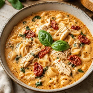 Creamy marry me chicken soup with tender chicken pasta shells sun dried tomatoes spinach and fresh basil