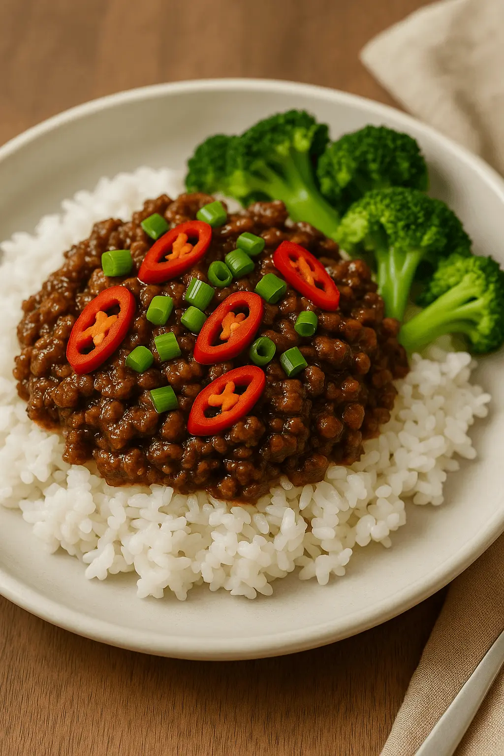 Mongolian Ground Beef Recipe served over steamed white rice with red chili slices, green onions, and a side of broccoli on a white plate.