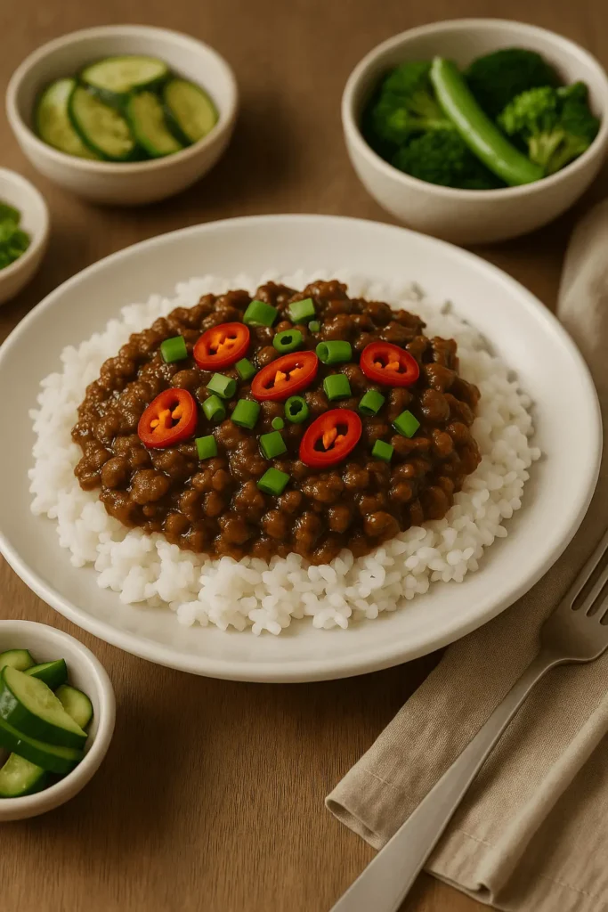 Mongolian Ground Beef Recipe served over white rice, topped with red chili slices and chopped green onions, with cucumber and broccoli sides in the background.