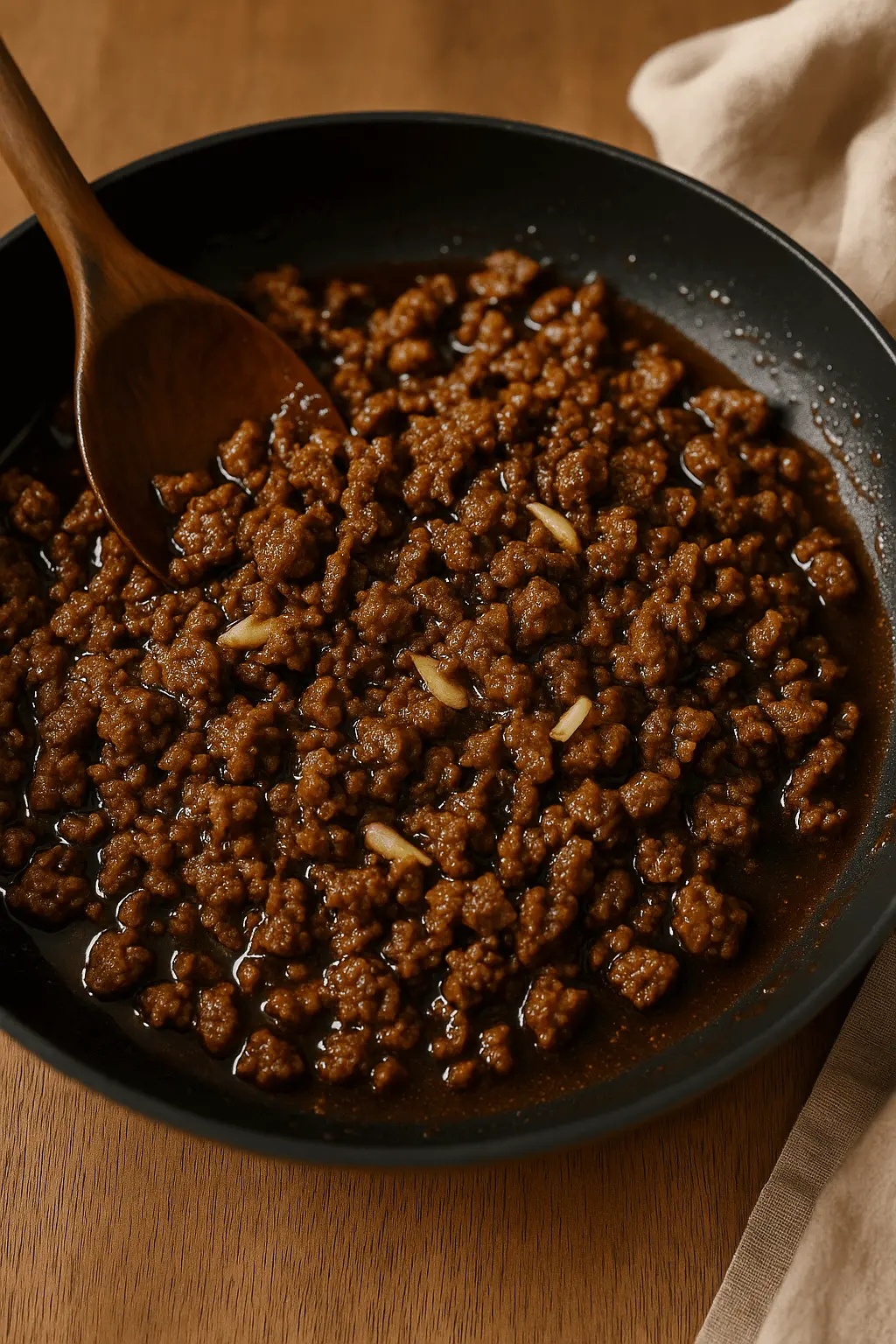 Mongolian Ground Beef Recipe simmering in a skillet with garlic and rich brown sauce, stirred with a wooden spoon.
