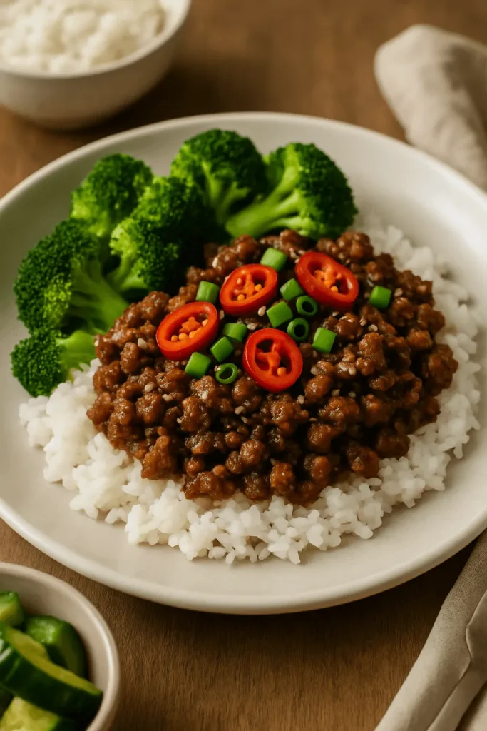 Mongolian Ground Beef Recipe served over white rice with steamed broccoli and garnished with red chili slices and green onions.