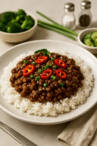 Mongolian Ground Beef Recipe served over white rice and topped with red chili and green onions.