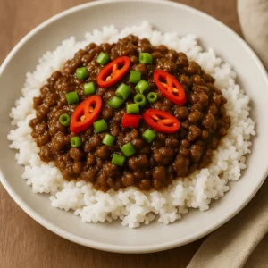 Mongolian Ground Beef Recipe served on a bed of rice with sliced red chili and chopped green onions.