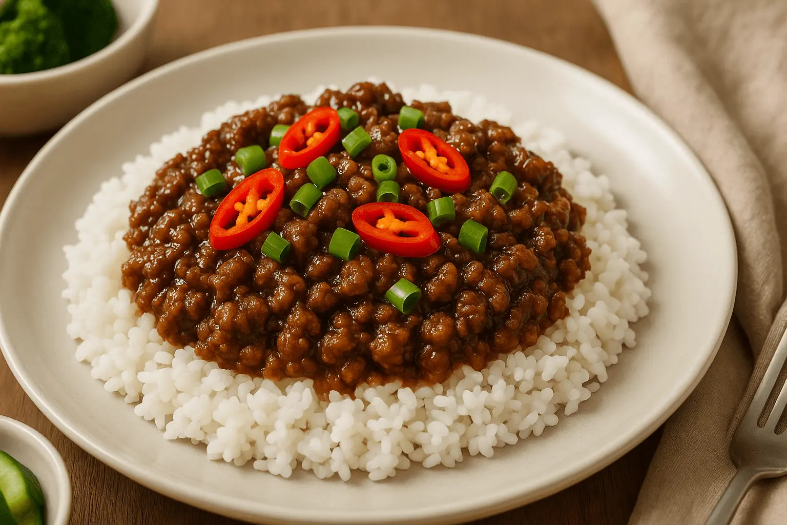 Mongolian Ground Beef Recipe served over steamed white rice, topped with sliced red chili and chopped green onions on a white plate.