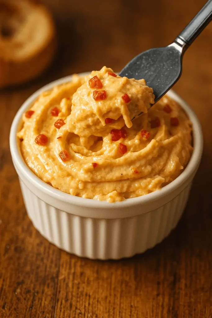 Old-Fashioned Pimento Cheese in a white ramekin with a spreader lifting a creamy scoop dotted with diced pimentos on a wooden table.