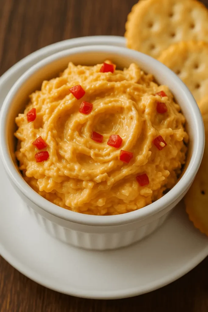 Old-Fashioned Pimento Cheese in a white ramekin, topped with diced pimentos and served with crackers on the side.