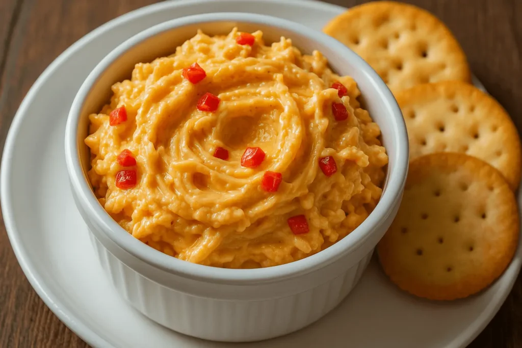 Old-Fashioned Pimento Cheese in a white ramekin, topped with diced pimentos and served with round crackers on a plate.