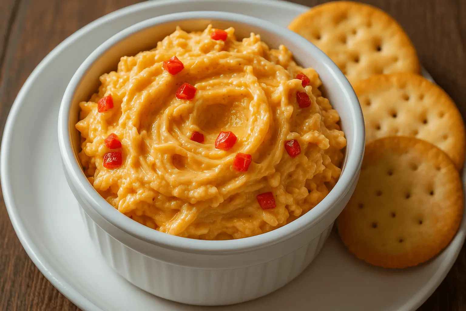 Old-Fashioned Pimento Cheese in a white ramekin, topped with diced pimentos and served with round crackers on a plate.