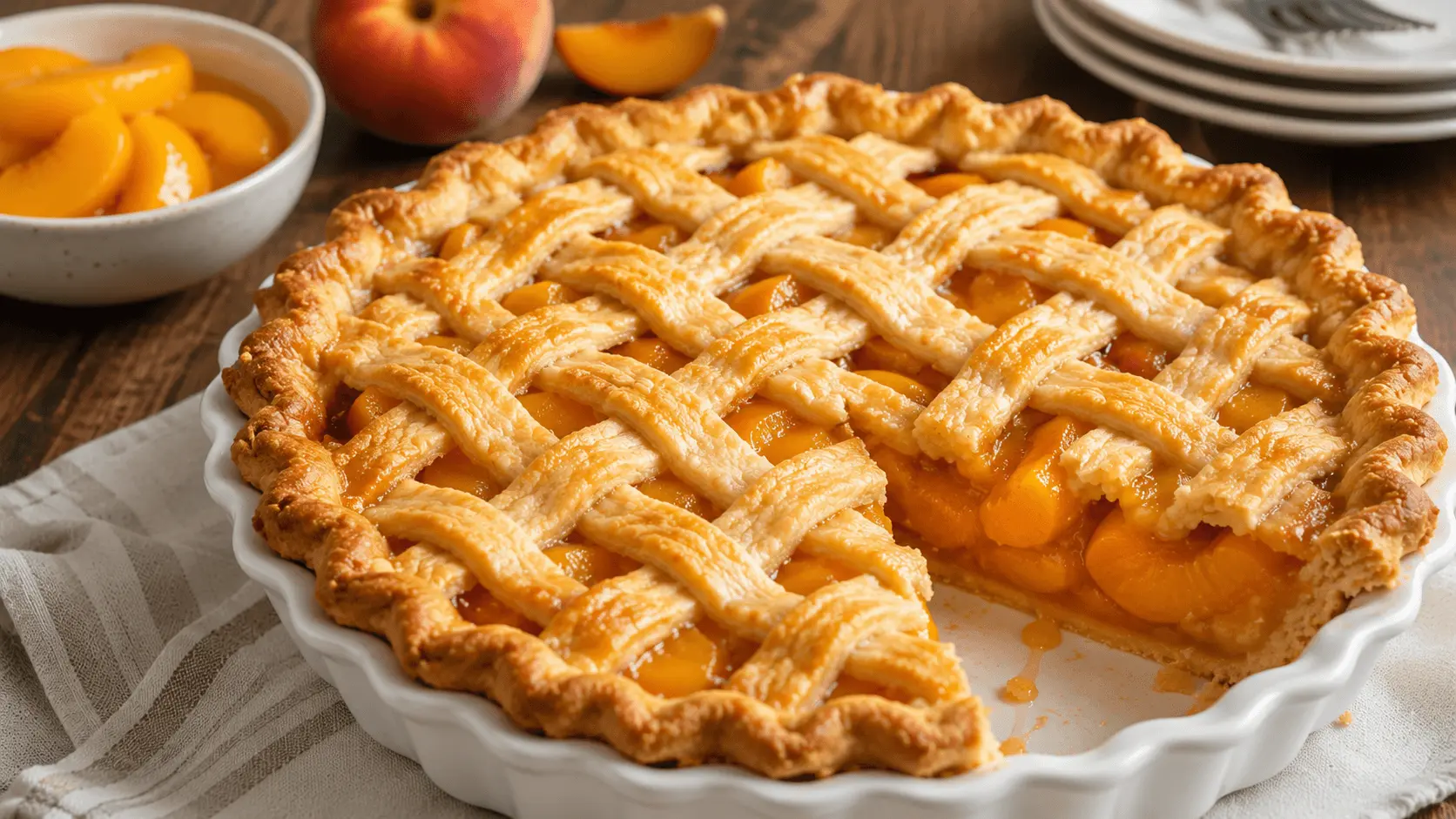 Golden lattice-topped peach pie with canned peaches in a white ceramic dish, with one slice removed to reveal the glossy peach filling.