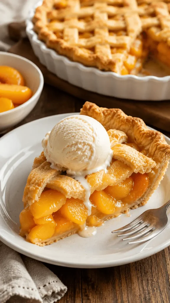 A slice of peach pie with canned peaches topped with melting vanilla ice cream on a white plate, with the remaining lattice pie in the background.