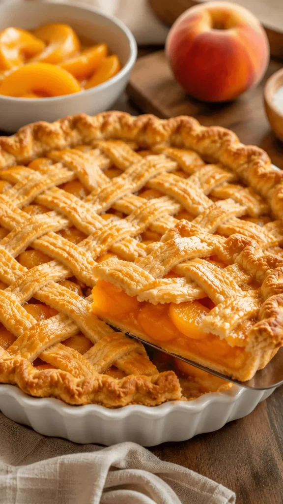 A slice being lifted from a golden lattice peach pie with canned peaches, revealing a glossy filling of tender peach slices.