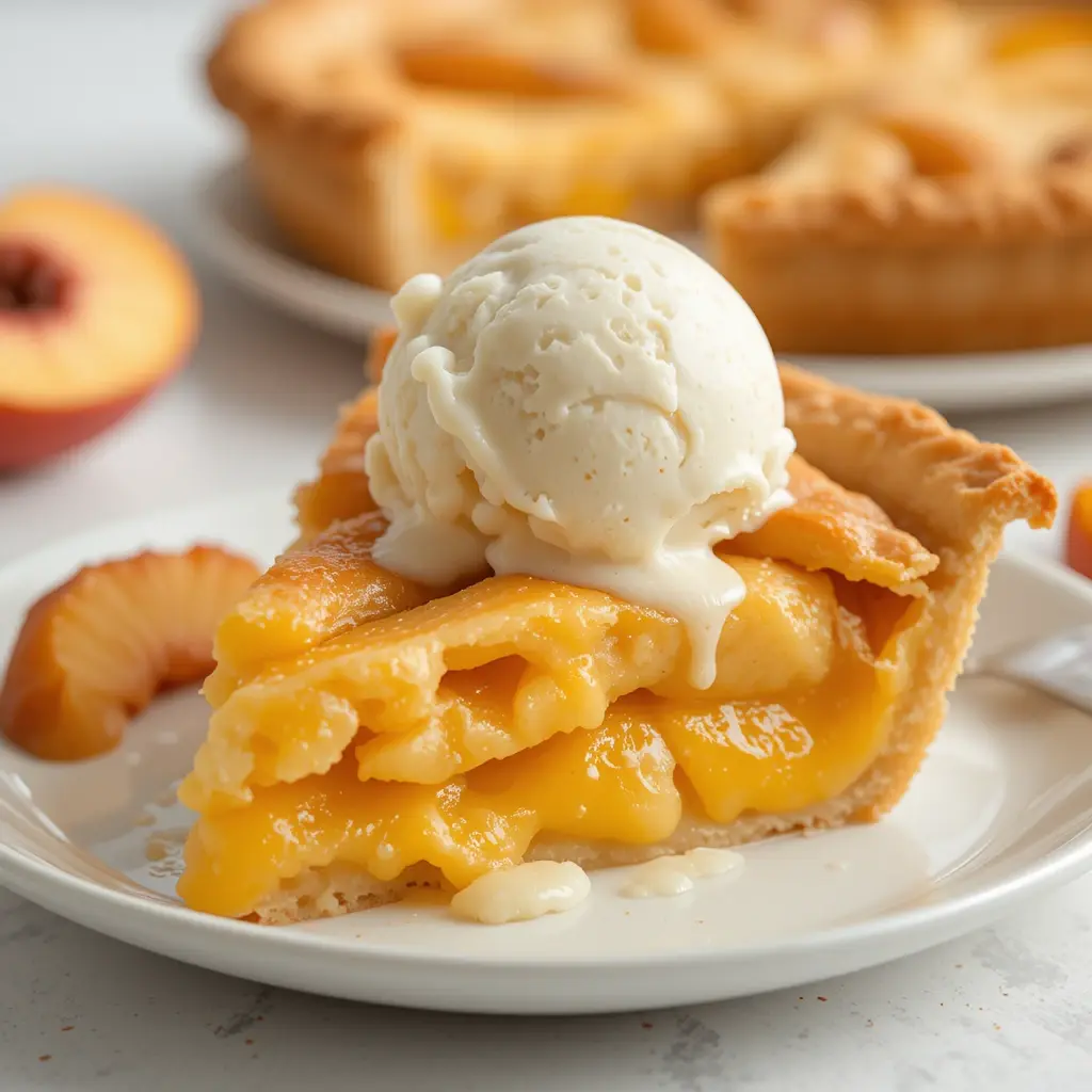 A slice of peach pie with canned peaches topped with melting vanilla ice cream on a white plate, with more peach pie in the background.