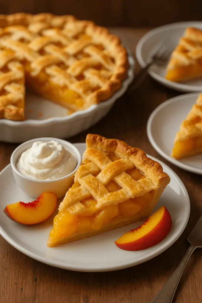A slice of peach pie with canned peaches served on a white plate with fresh peach slices and a side of cream.