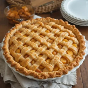 Golden lattice-top peach pie with canned peaches baked in a white fluted dish on a rustic wooden table.