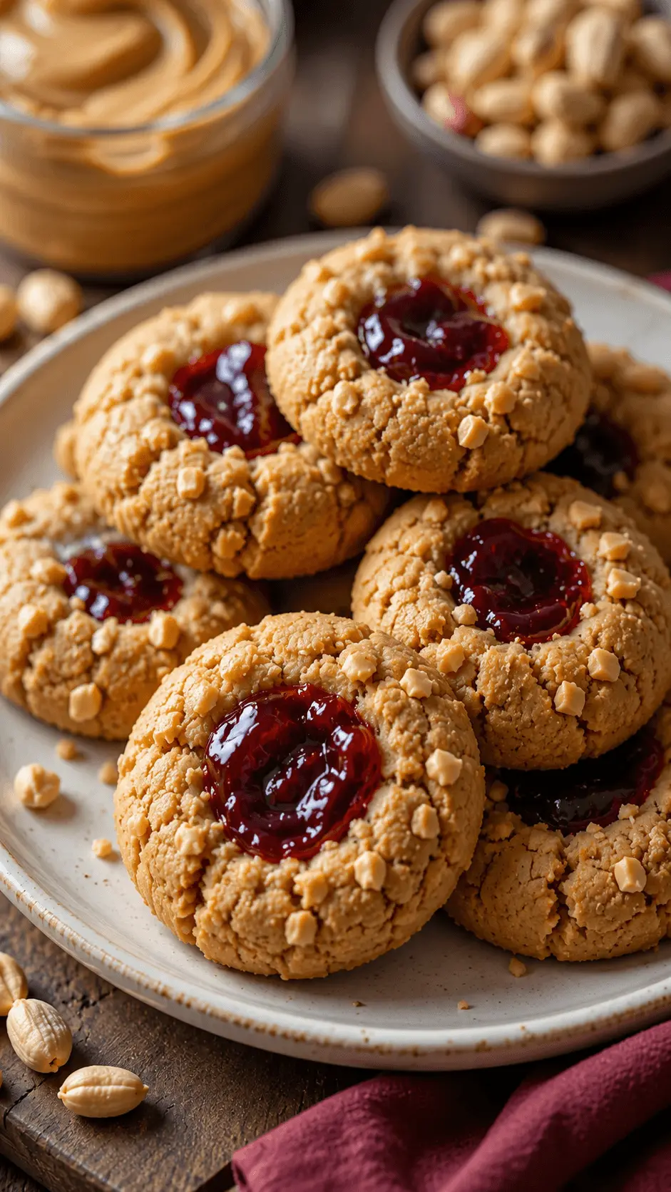 Peanut Butter and Jelly Cookies with glossy red jam centers, chopped peanuts, and a soft, crumbly texture served on a ceramic plate.