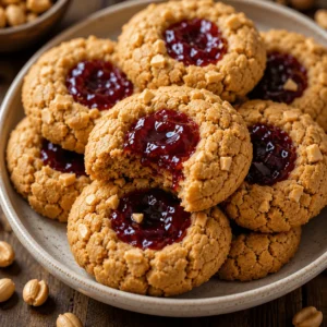 Peanut Butter and Jelly Cookies with glossy red jam centers, chopped peanuts, and a soft, crumbly texture on a ceramic plate.