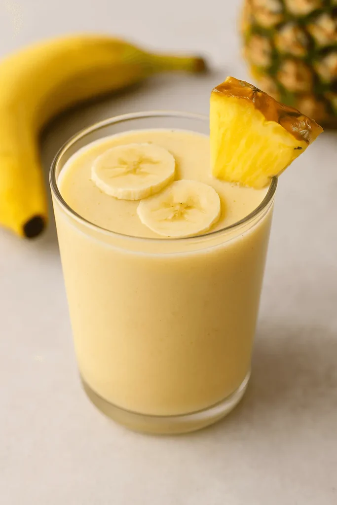 Glass of pineapple banana smoothie topped with banana slices and a pineapple wedge, with a fresh banana and whole pineapple in the background.