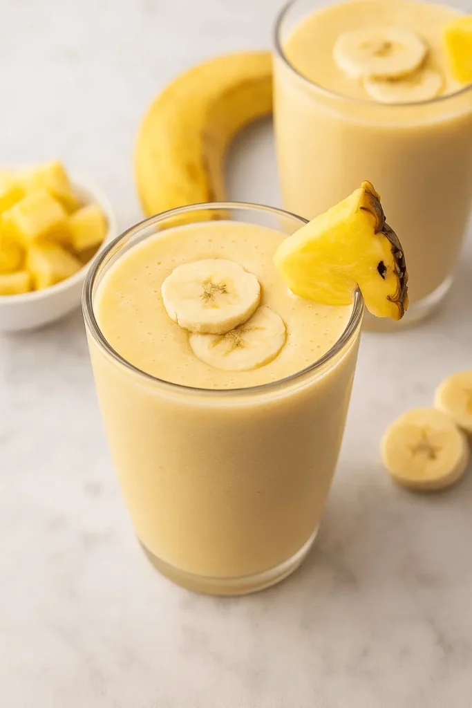 Two glasses of pineapple banana smoothie topped with banana slices and a pineapple wedge, surrounded by fresh fruit.