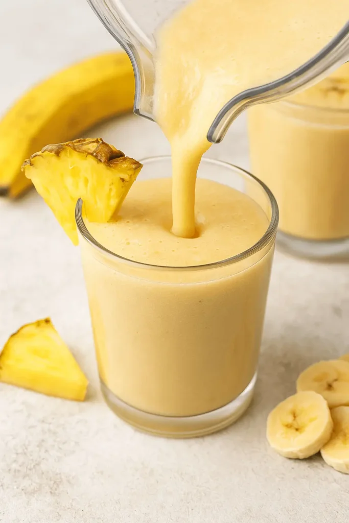 A creamy pineapple banana smoothie being poured into a glass, topped with a pineapple wedge and surrounded by banana slices.
