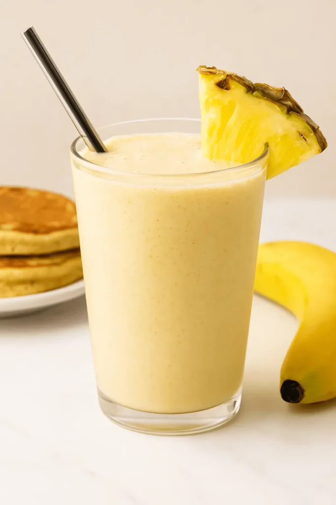 Glass of pineapple banana smoothie with a metal straw and pineapple wedge, served beside a banana and a plate of pancakes.