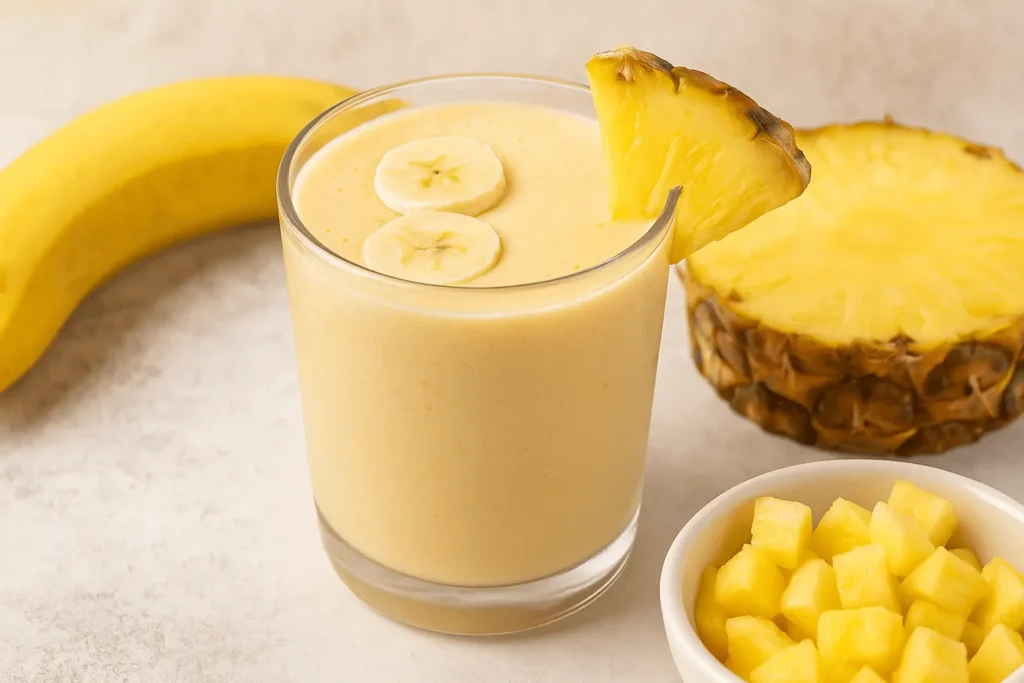 A glass of pineapple banana smoothie topped with banana slices and garnished with a pineapple wedge, surrounded by fresh banana and pineapple pieces.