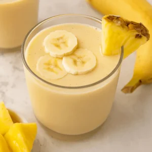 Glass of pineapple banana smoothie topped with banana slices and a pineapple wedge, surrounded by fresh fruit on a light surface.