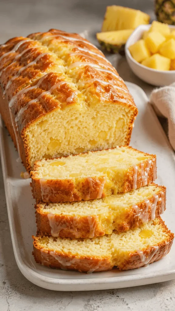 Sliced pineapple bread with a golden crust, light glaze, and visible pineapple pieces on a ceramic serving platter.
