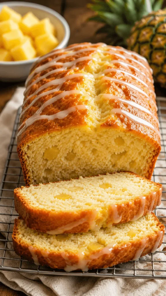 Glazed pineapple bread loaf with two slices showing a soft crumb and visible pineapple pieces on a cooling rack.