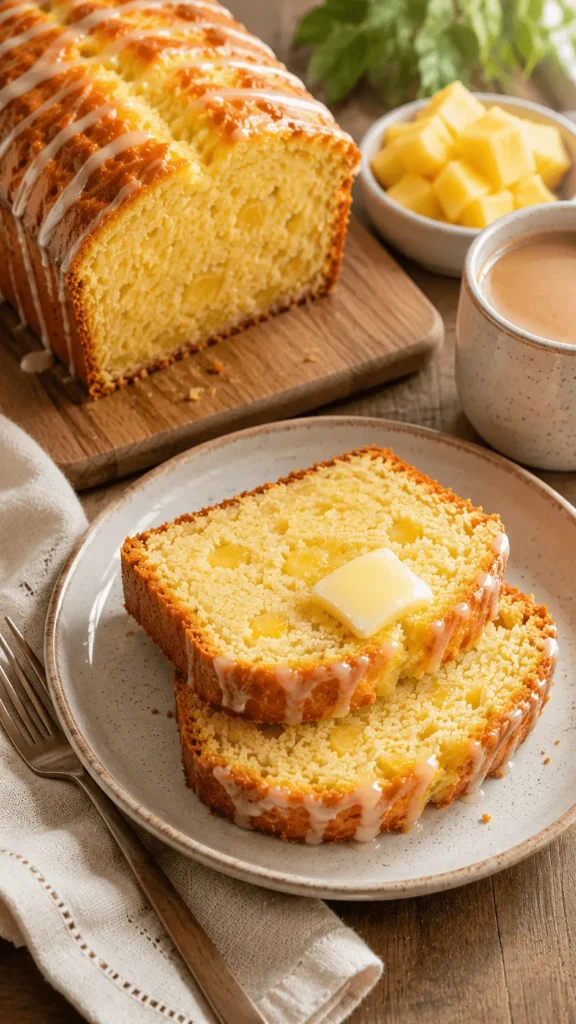 Two glazed pineapple bread slices with visible pineapple pieces and melting butter, served beside the remaining loaf and fresh pineapple.