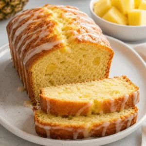 Glazed pineapple bread loaf with two slices showing a golden crust, tender crumb, and visible pineapple pieces.