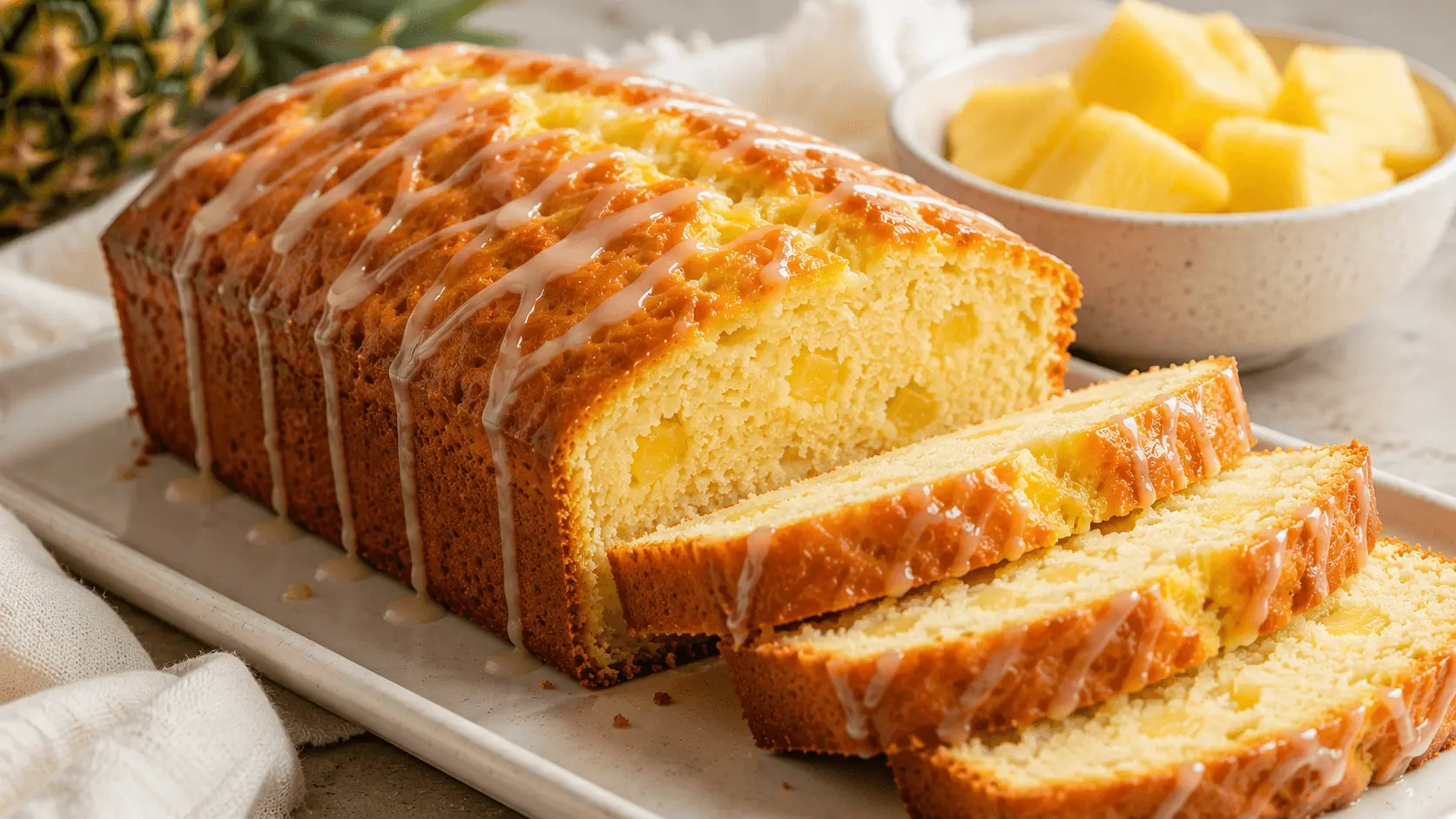 Sliced pineapple bread loaf with a golden crust, light glaze, and visible pineapple pieces, served beside fresh pineapple chunks.
