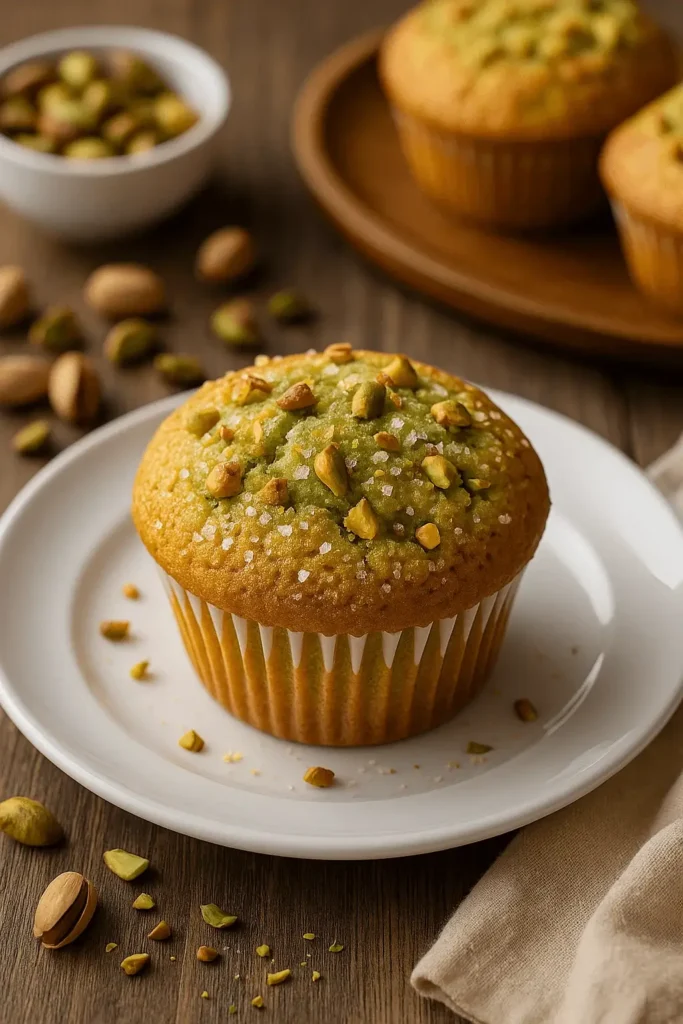 Golden pistachio muffin topped with chopped nuts and sugar crystals on a white plate – part of a pistachio muffin recipe.